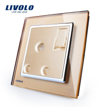 Livolo Manufacturer 1 Gang 1Way Push Button Wall Switch With 15A Socket ,Golden Crystal Glass Panel, VL-W2Z1UK2-13